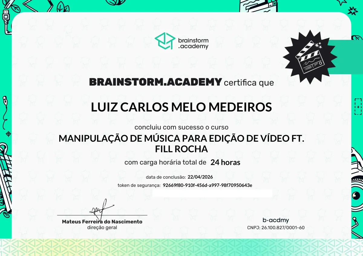 Certificado do curso Manipulação de música para edição de vídeo, com Fill Rocha