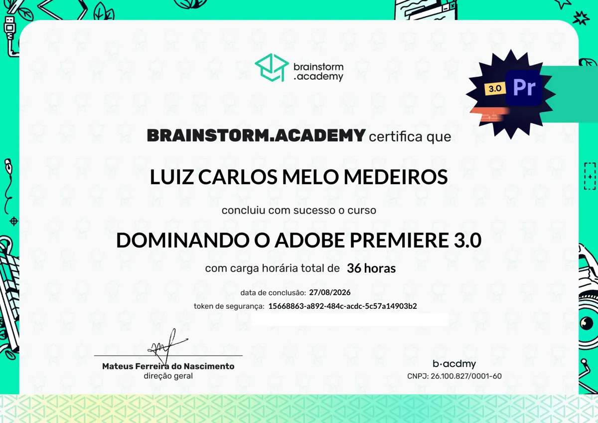 Certificado do curso Dominando o Adobe Premiere 3.0